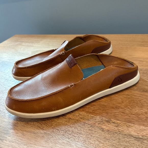 OluKai Nalukai Slip-On Leather Loafer Slides Mens US 9.5 Brown Shoes - Picture 1 of 6